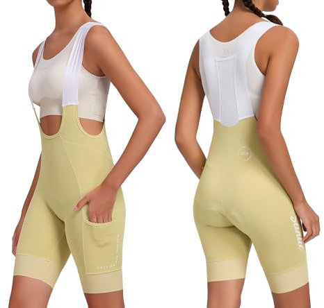 Santic Radlerhose Damen Gepolstert Radhose mit Träger Fahrrad-Trägerhose Damen Bib Shorts Fahrradhose 4D Sitpolstert Tasche Gelb S