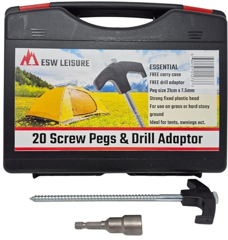 ESW LEISURE 20 Heavy Duty Tent Pegs With Free Carry Case, For Hard Ground Camping Awnings Gazebos Bivvy Steel Guyline Rope (ESW LEISURE 20 Black Screw Pegs & Drill Adaptor With Free Case)