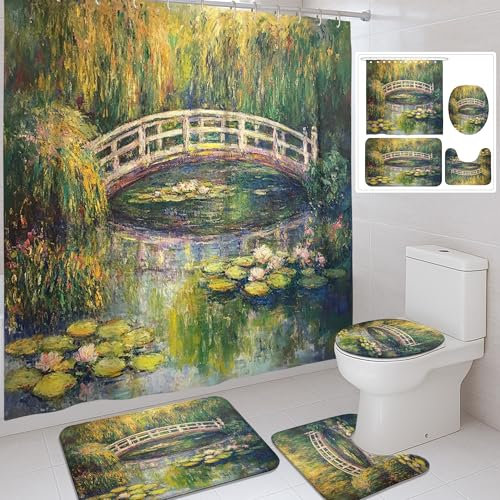 Monet inspiriertes Duschvorhang-Set, grün-blaue Wasserlilie, Badematte, Teppich, Zubehör für Badezimmer, Frühling, modern, künstlerisch, wasserdicht, Stoff-Duschvorhang-Set mit Haken, 183 x 183 cm, 4