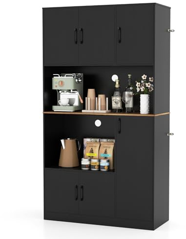 TANGZON Tall Kitchen Cupboard, Pantry Storage Cabinet with 6 Doors, Built-in Power Outlet & Anti-tipping Device, Freestanding Wooden Sideboard Unit for Home Dining Living Room (Black)