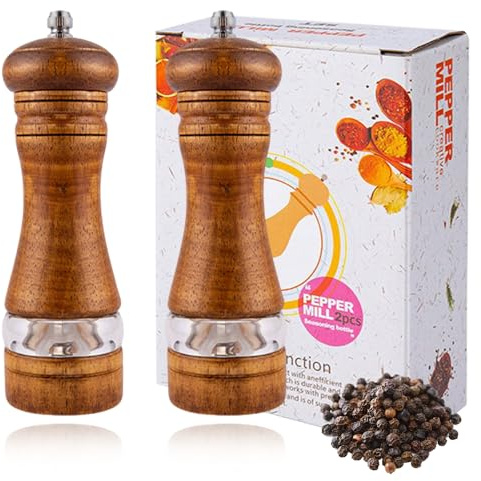 Wooden Salt and Pepper Grinder Set with Adjustable Coarseness Ceramic Rotor and Acrylic Window Kitchen Manual Oak Wooden Pepper Mill (Vintage Color)