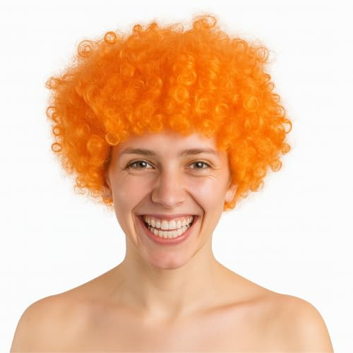 Vokuhila Assi Perücke – Retro Accessoire für Herren, 80er & 90er Kostüm, Neon Outfit, Fasching & Karneval (Afro-orange)