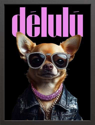 STYLER Bild Pedro Paw 30 x 40 cm mit schwarzem Rahmen – Glamour Chihuahua Poster im Vogue Stil – Modernes Fashion Hunde Wandbild