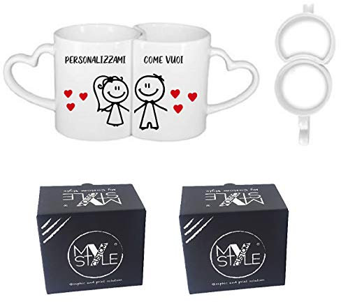My Custom Style Coppia Tazze in Ceramica, ad Incastro Cuore, Personalizzate