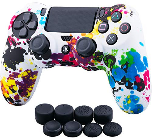 YoRHa Water Transfer Printing Camouflage Silicone Cover Skin Case for Sony PS4/slim/Pro Dualshock 4 Controller x 1(graffiti) With Pro thumb grips x 8