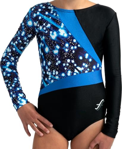 ff FISCHER Turnanzug Mädchen langarm Nela Glitzereinsatz, Gymnastikanzug Damen Turnanzug 8229, Größe: 164, Farbe: schwarz-blau-blau