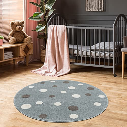 Jimri Kinderteppich DOTS l Pünktchen Gepunktet l Öko-Tex Siegel | Farbe: Beige Blau Rosa | Kinderzimmer/Jugendzimmer (Mint, Ø 120 cm Rund)