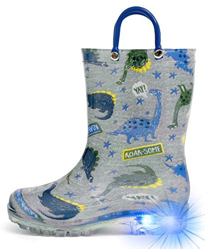 Hugrain Stivali da pioggia luminosi per bambini piccoli, Dinosauro Grigio, 5 Toddler