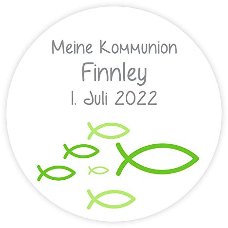 Aufkleber Fisch grün personalisiert für Kommunion, Konfirmation & Taufe - 24 Stück 4 cm