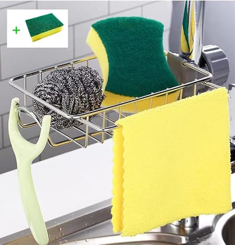 Titular de la esponja De Acero Inoxidable De La Cocina De La Esponja Titular Del Fregadero Organizador De Esponja Cepillo De Jabón Lavavajillas Escurridor De Líquido De Cocina Grifo (7,48 pulgadas)