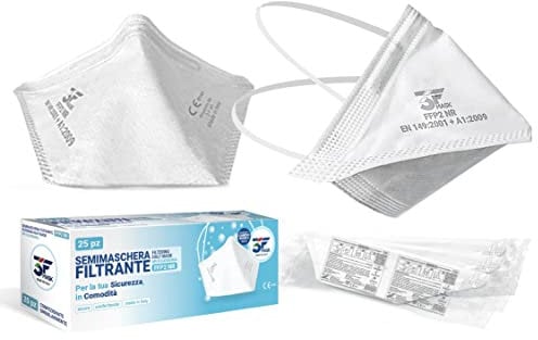 3fmask - 25 FFP2 Certificate CE Made in Italy - 4 Strati Imbustate Singolarmente - Confortevole FFP2 a Becco Prodotta Interamente in Italia