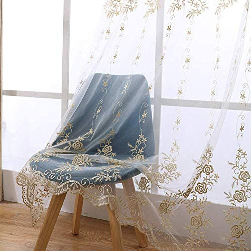 Siunwdiy Tüll Vorhang Wohnzimmer mit Ösen, eige Fenster-Drapes Rose Stickerei Wohnzimmer Schlafzimmer Dekor Mit Grommet 1er Set Europa Gold Luxus Gardine,400x270cm(157x106inch)