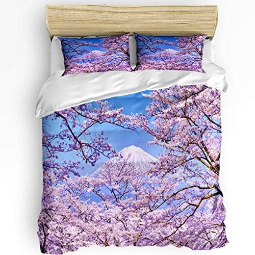 Fadaseo Japanisches Kirschblüten-weiches 3-teiliges Bettbezug-Set mit 1 Bettbezug und 2 Kissenbezügen für Schlafzimmer Bettwäsche-Set mit Reißverschluss und Eckbändern