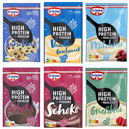 Dr. Oetker High Protein Probier-Set, 12er Pack, Kuchenmischung Küchlein Schoko & Schokino, Mahlzeit Milchreis & Grießbrei, Pudding-Pulver Schoko & Vanille-Geschmack