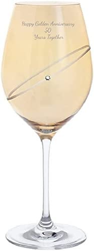 Golden Wedding Anniversary Pair of Dartington Celebrate Gold Wine Glasses with Crystal Embellishment