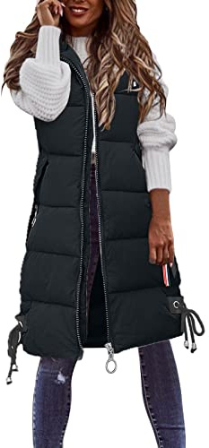 Damen-Mantel, lässig, einfarbig, mit Kapuze, Reißverschluss, Tasche, lockere ärmellose Jacke, langer Mantel, Steppweste in Übergröße, Schwarz , 50