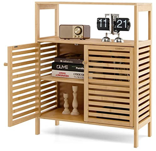 GOPLUS Meuble de Rangement en Bambou, Armoire Rangement de Salle de Bain avec Portes à Persiennes et Étagères Ouvertes, Étagère Intérieur Amovible, 64x27,5x80CM, Naturel