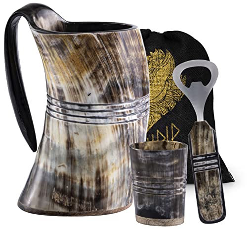 FENRIR Premium Viking Ox Horn Mug for Ale, Mead, and Beer & Cold Drink Ring Natural Finish Mug with Short Glass and Bottle Opener with Handle (16-oz) -3 Pieces Set