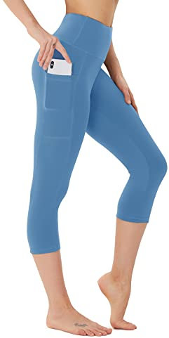 FOTOCITI Leggings Damen mit Tasche Capri Leggins High Waist Caprihose Sommer Blickdicht Sportleggins Sporthose Hose Gym Outdoor Yoga(Hellblau,S-M)