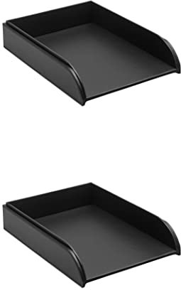 OSCO Faux Leather Letter Tray A4 – Stackable Desk File Organiser Paper Sorter, Office Document Sorter, Paperwork Filing Storage No Risers Required, Black, 2-Pack, 6.3×24.5×33.1 cm