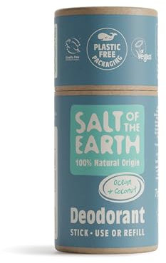 Salt of the Earth - Natural Deodorant Stick Refillable - Ocean & Coconut - Aluminium Free & Vegan Long Lasting Protection, Leaping Bunny Approved, Made in The UK for Men, Women & Kids 75g