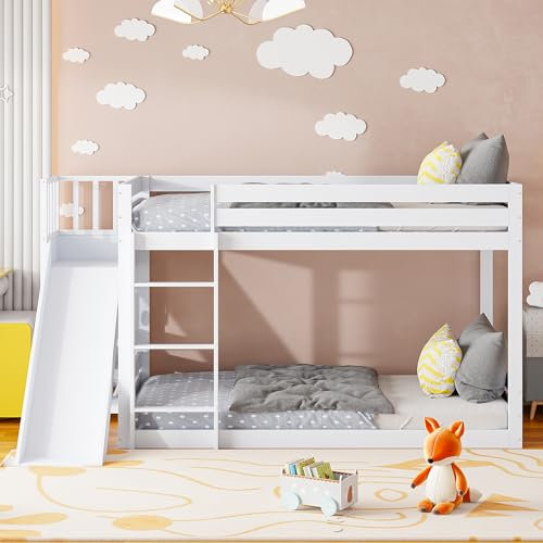 FEZTOY Kinderbett 90x200 mit Lattenrost, Rutsche und Regal, Etagenbett aus Kiefernholz mit Leiter und Rausfallschutz Bettgestell mit 1 lattenrost, ohne Matratze (White-Rutsche)