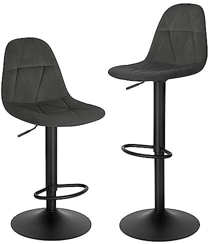 Lestarain Bar Stools Set of 2 Adjustable & Swivel Breakfast Kitchen Counter Pub Bar Stools Dark Grey Soft Velvet Barstools Chairs with Backs & Footrest