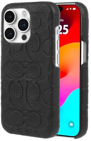 Coach Schutzhülle für iPhone 15 Pro, echtes geprägtes genarbtes Leder, kompatibel mit kabellosem Laden, Signature Black