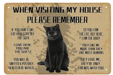 Funny Cat Rules Metal Sign 8x12 - When Visiting My House Please Remember - Black Cat Apartment Decor for Cat Lover, Cat's Metal Signs Artwork