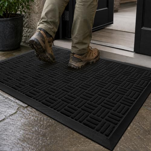 Mibao Vordertürmatte, strapazierfähig, für drinnen und draußen, Schmutzfangmatte, wasserdicht, super saugfähig, Fußmatte für Eingangsbereich, Terrasse, Veranda, 74,9 x 43,2 cm, Schwarz