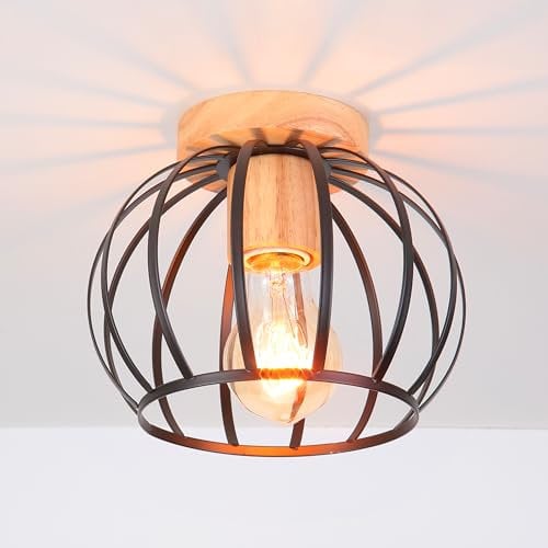 iDEGU Vintage Deckenleuchte Industrielle Deckenlampe Ø20 cm Geometrisches Käfig Design Lampenschirm aus Metall und Holz Retro Deckenleuchte E27 Kronleuchter für Schlafzimmer Küche Wohnzimmer, Schwarz