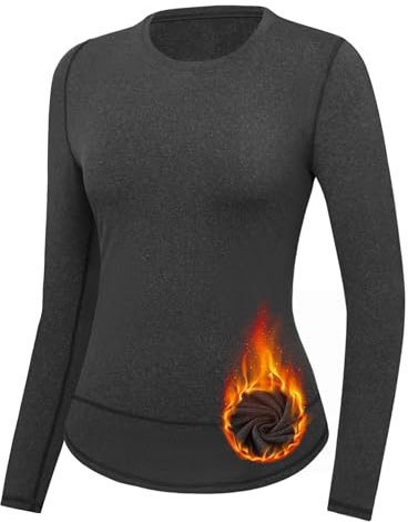 Gyabnw Maglia Termica Donna Manica Lunga Sport Manica Lunga Strato Base Donna Girocollo Intimo Top da Allenamento per Corsa Grigio Scuro,L