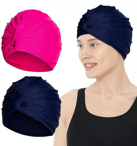 mizikuu 2 Pezzi Cuffia Piscina Capelli Lunghi, Cuffia Da Bagno Elastica Da Nuoto Cuffie Da Nuoto Cuffia Da Piscina Pieghettata Da Donna Protezione Dei Capelli Per Adulto, Blu, Rosa