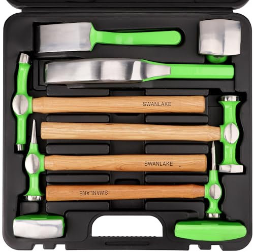SWANLAKE GARDEN TOOLS 9Pcs Auto Body Hammer and Dolly Set, Heavy Duty Car Body Dent Repair Tool Kit with Carrying Case, Wood Handles, Performance Carbon Steel Hammers and Dollies Set, Fender Tool Set