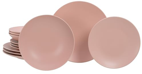 CreaTable, 21913, Serie Soft Touch Peach, 12-teiliges Geschirrset für 4 Personen, Tafelservice aus Steinzeug, spülmaschinen- und mikrowellengeeignet, Made in Portugal