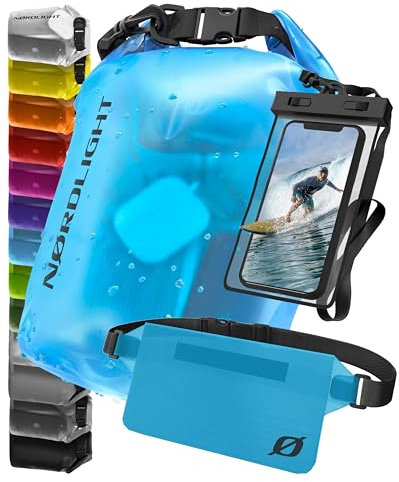 Nordlight wasserdichte Tasche 3er Set (Blau) - Dry Bag 10l + wasserdichte Handyhülle + wasserdichte Hüfttasche | IPX8 Schutz | Mit Verstellbaren Gurten Für Strand, Stand Up Paddling