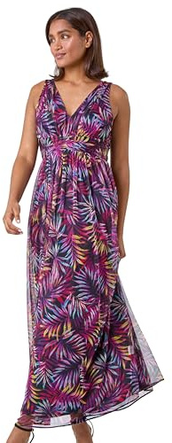 Roman Originals Maxi Dress for Women UK Ladies Twist Knot Front Empire Waist Summer Party Casual Holiday Bohemian Beach Cruise Evening Long Sleeveless V Neck Jersey - Purple Multi - Size 12