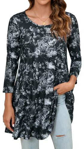 Enmain Tunic Tops for Women UK 3/4 Sleeve Ladies Long Tunics Loose Casual Tunic Top for Leggings Round Neck Blouses Shirt Tie-dye Black & Grey L