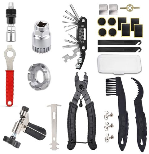 Fahrrad-Reparatur-Werkzeugsatz,Fahrrad-Reifenketten-Reparaturwerkzeug mit Kettenbrecher,Gliederzange,Kurbelabzieher,Tretlagerentferner,Speichenschlüssel,Flicken,Hebel,Vielseitiges Multitool