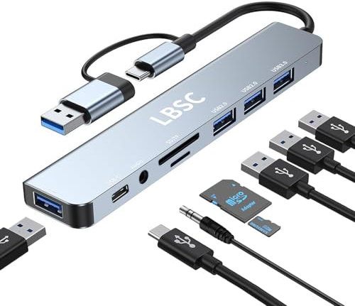 USB C Hub,USB 3.0 Hub, 8 in 1 USB Splitter with 1 x USB 3.0, 3 x USB 2.0 and 1 x USB C, SD/TF Card Reader, 3.5mm Headphone Jack.USB Multiport Adapter for Smartphones, PC/Laptop/Tablet Devices