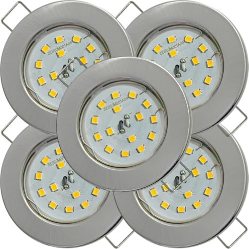 5er Set Flache SMD LED Modul Einbaustrahler | Farbe Edelstahl gebürstet | 5W | 230V | Starr | Klemmring | LED Spots für die Decke mit wenig Einbautiefe | Wohnzimmer | Küche | Schlafzimmer usw.
