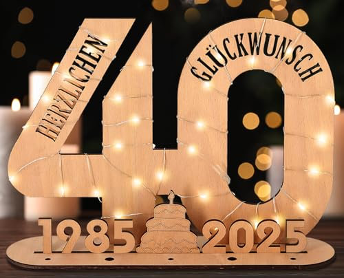 Giftota - 2025 Originelle 40 Geburtstag Geschenk Frauen & Männer - Geldgeschenke Geburtstag 40 mit LED Lichterkette Ständer - Holz-Schild Gästebuch - 40 Geburtstag Deko - Personalisierbares Geschenk
