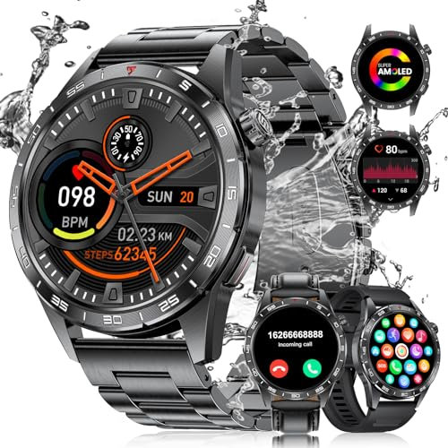 FOXBOX Montre Connectée Homme,1.43'' AMOLED Fitness étanche Smartwatch,100+ Modes Sport avec Bluetooth,fréquence Cardiaque Calories Moniteur de Sommeil Android iOS 400mAh Noir-Acier