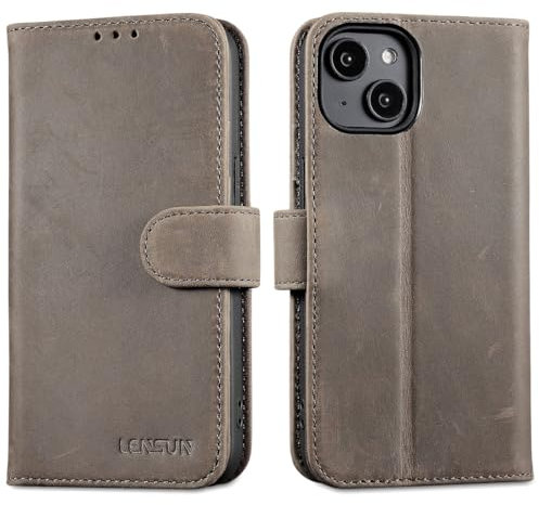 LENSUN Lederhülle für iPhone 14, Echtleder Hülle [Echtes Leder][Bookstyle][RFID-Blocker] Handyhülle Handytasche Flip Kompatibel mit iPhone 14 5G - Graubraun