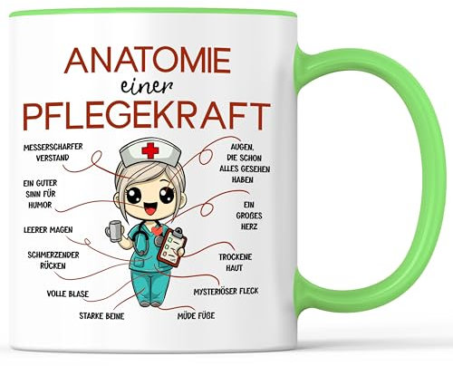 Tasse mit Spruch Anatomie einer Pflegekraft Becher Krankenschwester Krankenpfleger Altenpflegerin - lustiges Geschenk - Kaffeebecher als Geschenkidee - Kaffeetasse 330ml - Weiss-Grün