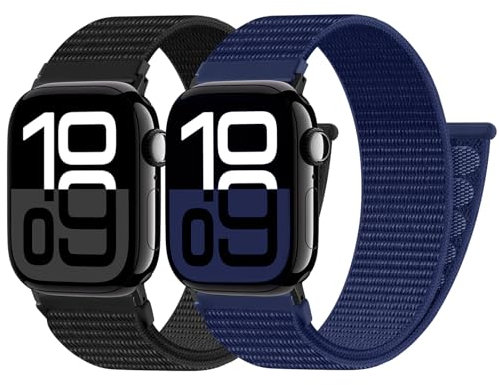 PIOWNN 2 Correas de Nylon Compatible con Correa Apple Watch 44mm 45mm 42mm 46mm 49mm, Pulsera Sport Loop Transpirable Hombre Mujer para iWatch Series 10 9 8 7 6 5 4 3 2 1 SE Ultra, Negro/Azul Marino
