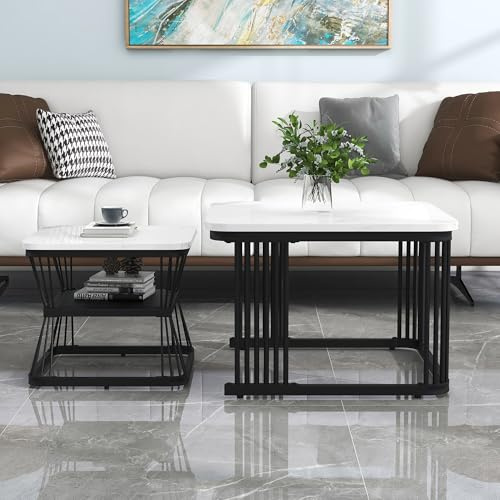 LANTRO JS 2 in 1 Square Coffee Table, Nesting Tables with Black Metal Frame Legs and Marble Pattern White Top, Coffee Table with Storage for Living Room Home
