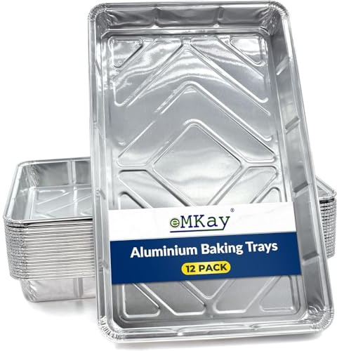 eMKay® Pack of 12 Aluminium Foil Baking Trays - Reusable Roasting Tin (32cm x 20cm x 3.3cm) - for Baking, Roasting, BBQ, Cooking & Food Storage - Heavy Duty Oven Safe Aluminium Containers