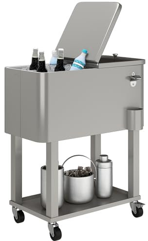 Outsunny Carro de Bebidas Refrigerado 56L Carro Nevera con Ruedas Abrebotellas y Estante para Patio Fiesta Terraza 67x35x80 cm Gris Claro
