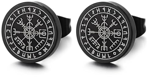 Boucles d'Oreilles Clou Viking Vegvisir Noires pour Homme, Acier Inoxydable avec Motif Runes, Effet Faux Écarteur